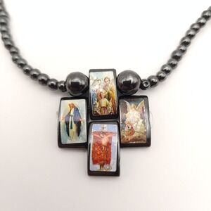 Hematite Bead Necklace Catholic Saints Black Gray Religious Barrel Clasp 16 Inch
